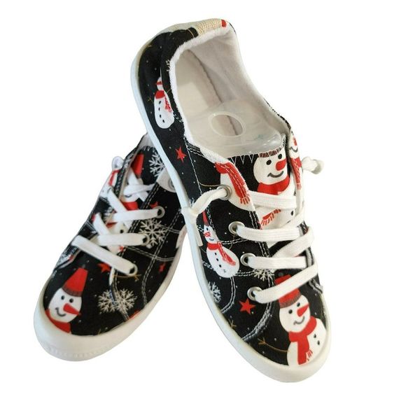 Womens Christmas Snowman Pattern Lace‎ Up Front Canvas Slippers Shoes Size 9 - Picture 13 of 14